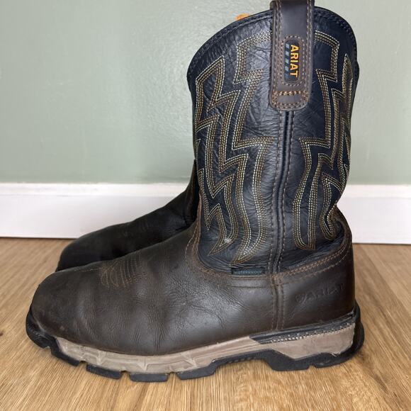 Ariat Mens 9.5D Boots Rebar Flex Brown Leather Square Toe Dry Shield Work - Picture 4 of 9